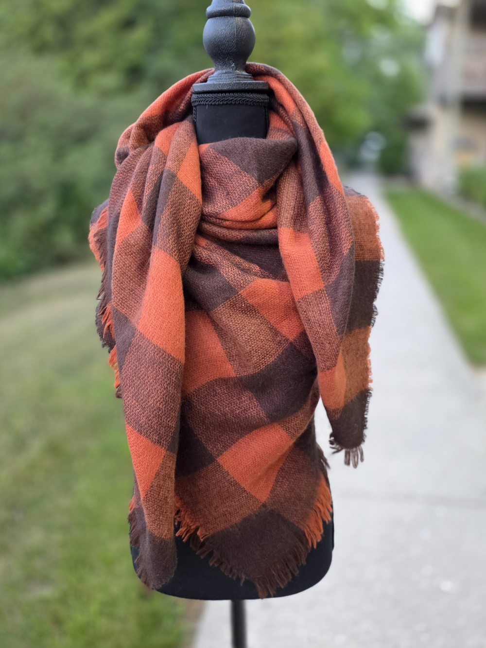 Maurices Oversized Rust Orange Brown Plaid Blanket Scarf Fringe